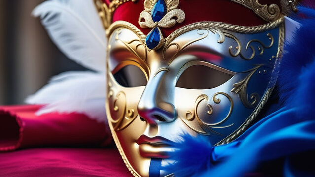 a Venetian mask and festive carnival lights on the background.