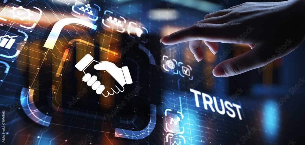 Poster trust customer relations reliability business concept. pointing and pressing on virtual screen.