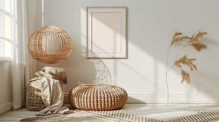 A mockup poster blank frame hanging on a woven floor pouf, next to a geometric rug, with a minimalist lamp for lighting, in light and airy pastels