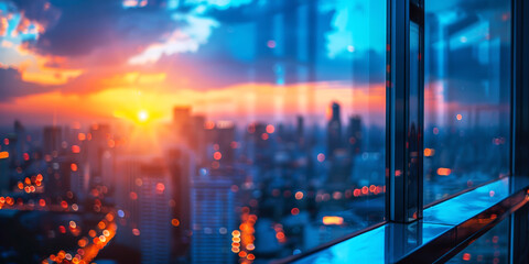 Sunset Glow Over Urban Skyline.
Reflective cityscape capturing the vibrant hues of sunset.