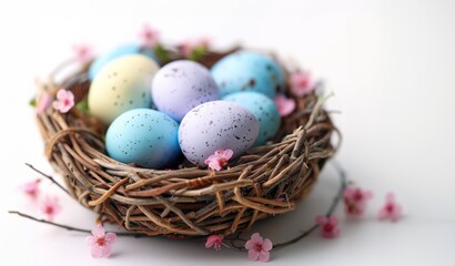 Obraz na płótnie Canvas Easter eggs in a basket nest closeup, white background
