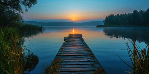 Tranquil Dawn at Lakeside Pier.
Calm lake reflecting the tranquil dawn sky.