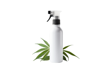 White Spray Bottle With Marijuana Leaf. A white spray bottle prominently displaying a marijuana leaf, used for a variety of purposes. on White or PNG Transparent Background.