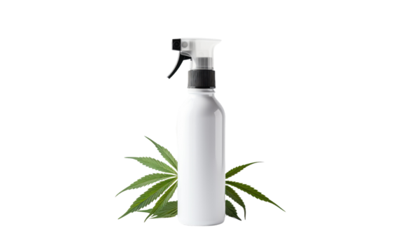 White Spray Bottle With Marijuana Leaf. A white spray bottle prominently displaying a marijuana leaf, used for a variety of purposes. on White or PNG Transparent Background.