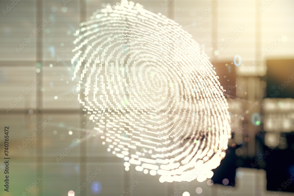 Poster Multi exposure of virtual graphic fingerprint sketch on a modern furnished classroom background, fingerprint scan data concept