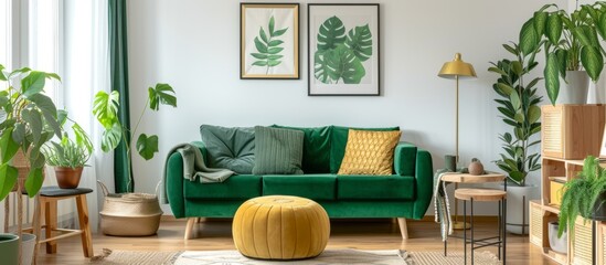 Comfortable green couch in cozy living room interior with decorative pillows