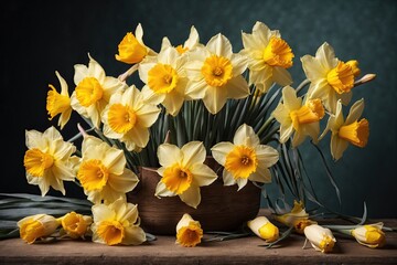 Beautiful daffodils on a bucket