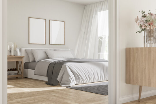 Modern contemporary cozy white bedroom view from outside the room through the door 3d render, The rooms have wooden floors and white walls , large window nature light in to the room