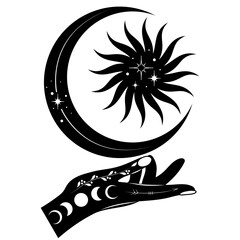 Hand with sun, moon and stars. Abstract symbol for cosmetics and packaging, jewelry, logo, tattoo. Esoteric.