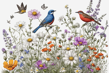 Color Hand drawn blooming flowers, butterflies, birds on blank background. Color floral composition in vintage style. Generative Ai