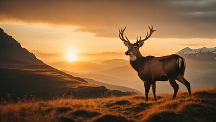 Mountain deer on a mountainside at sunset