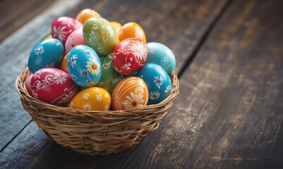 Fototapeta na wymiar Easter eggs in a basket nest on a wooden table, closeup view, copy space