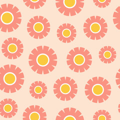 Colorful floral seamless pattern. Pink and yellow flowers in flat minimalist style on pink background