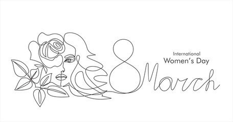 International Women's Day greeting card. Illustration with one line woman face, rose flower and leaves. Women empowerment. Vector illustration.	