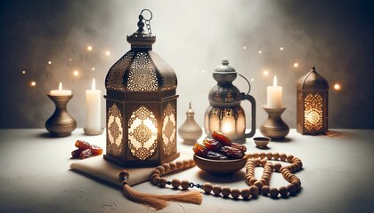 ramzan concept, lantern tasbih and dates on white background,old fashioned lamp and candle