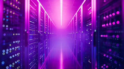 Data center with rows of servers illuminated by pink and purple lights, showcasing technology, networking, and modern infrastructure for digital storage.