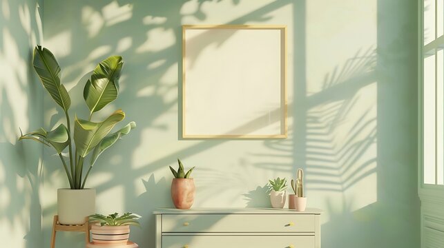 A mockup poster blank frame in a Scandinavian-inspired interior, above a retro chest drawer, surrounded by stacked ceramic planters, in light and airy pastels