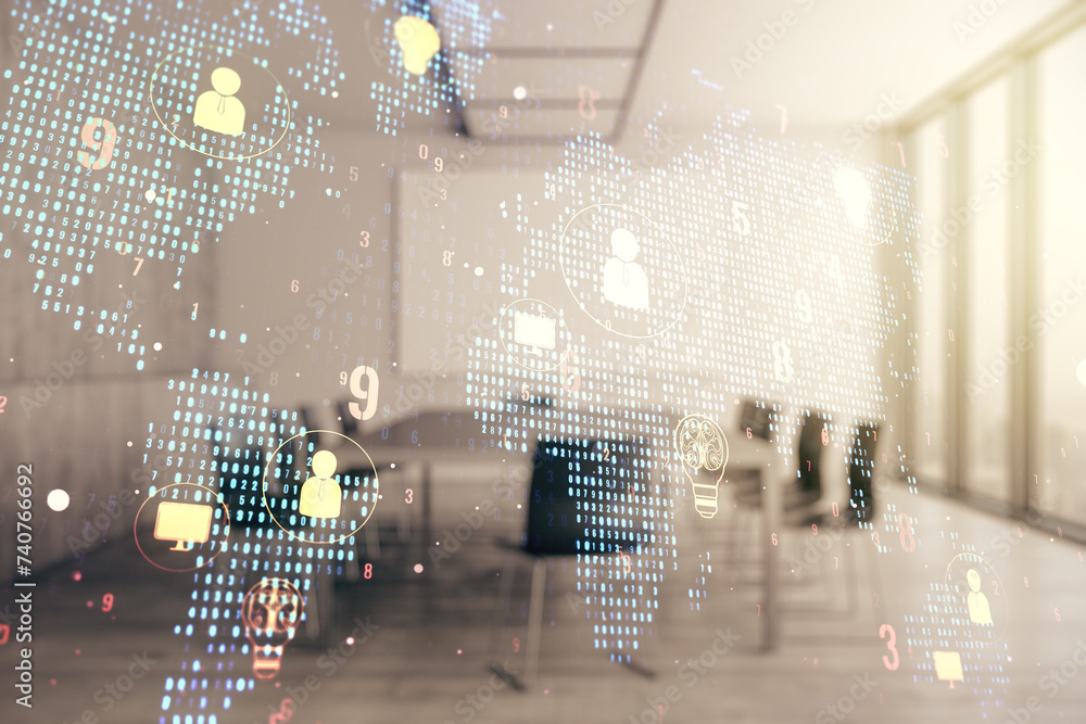 Poster double exposure of social network icons interface and world map on a modern boardroom background. ne