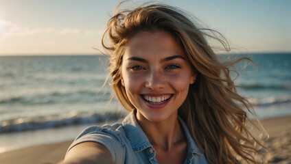 Fröhliche junge Frau nimmt ein Selfie am Meer auf - obrazy, fototapety, plakaty