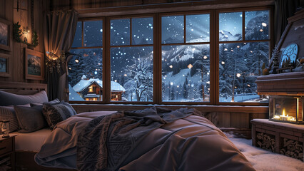 Enchanting Nights: A Cozy Wooden Bedroom Overlooking a Snowy Village