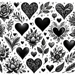 Hand drawn black hearts set pattern isolated on white background