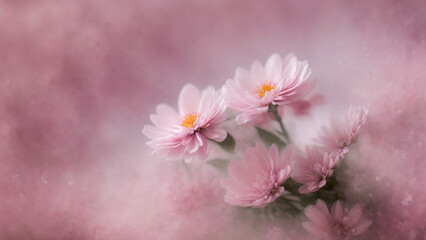 Delicate pink flowers with yellow stamens in a pink mist
