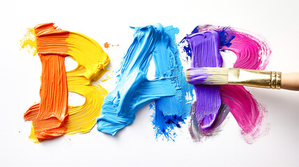 Colorful Acrylic Paint Strokes Forming Letters with Brush on White Canvas
