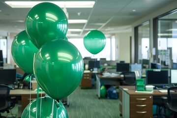 An office adorned with green balloons reflecting St Patricks corporate spirit. Concept Office Decor, Balloon Arrangement, St, Patrick's Day Theme, Corporate Spirit, Green Color Palette