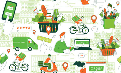 Mobile app to order grocery. Courier delivering. Seamless line pattern