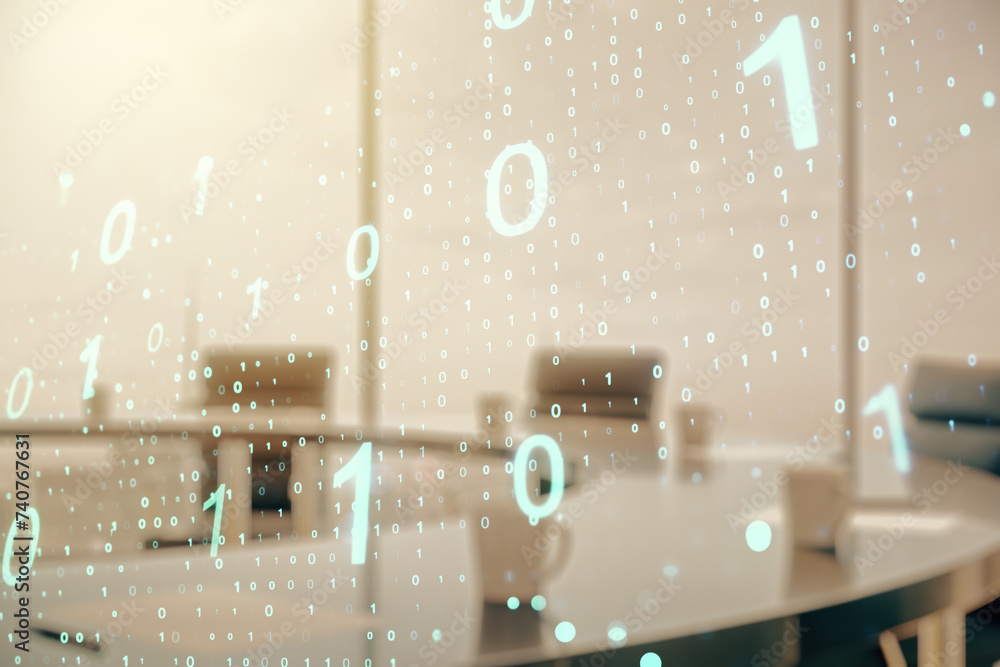 Leinwandbilder abstract virtual binary code sketch on a modern boardroom background, hacking and matrix concept. mu