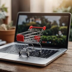Shopping cart on a laptop.  E-commerce conceptual image