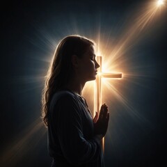 Silhouette of worshiper praying in front of a bright cross in the sky