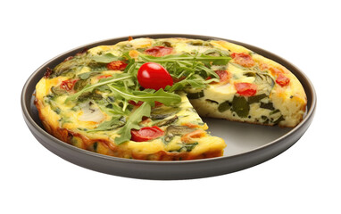 Quiche With a Slice Removed. A quiche with a slice cut out of it, revealing its savory filling and golden crust. on White or PNG Transparent Background.