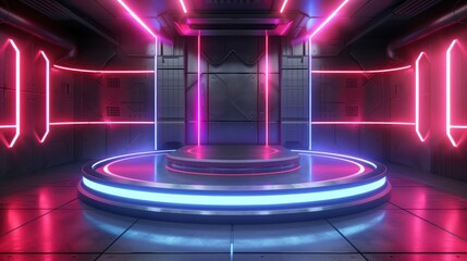 A 3D render of a sleek, futuristic podium with neon lights, perfect for showcasing a new product in a high-tech environment