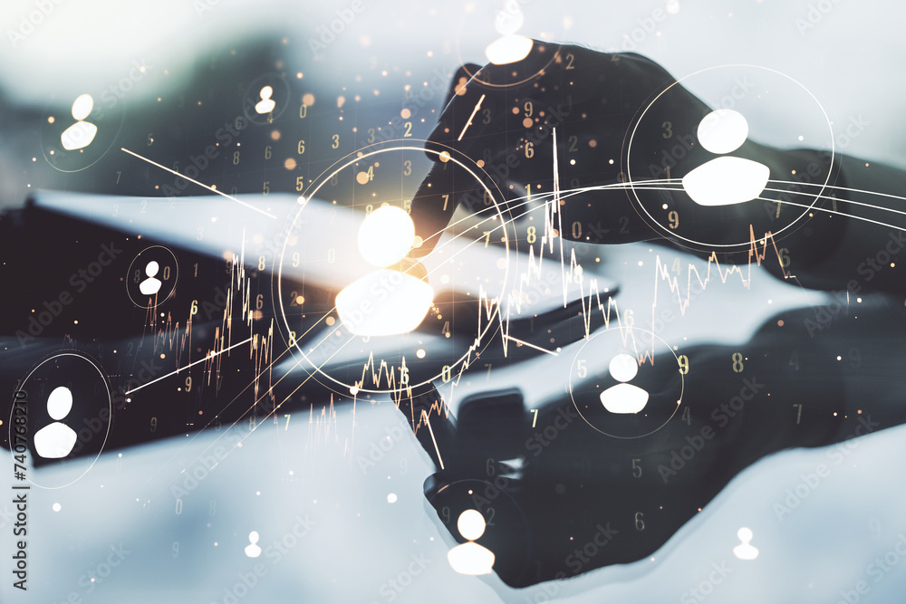 Poster double exposure of social network icons concept and hand working with a digital tablet on background