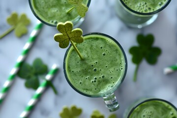 A Healthy St Patrick's Day Option: Green Smoothies Served with Shamrock Straws. Concept Healthy Eating, St Patrick's Day, Green Smoothies, Shamrock Straws, Nutritious Beverages