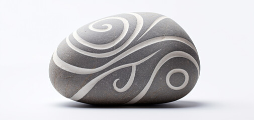 Monochrome gray pebble with a pattern in the form of curls and swirls in white. Light gray tone stone, photo on white background with copyright. interior decoration.