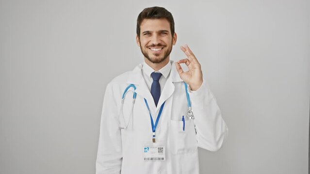 Young, confident hispanic doc with a successful smile, giving an ok sign with stethoscope. his positive expression sparkling on the white isolated background - pure success and approval.