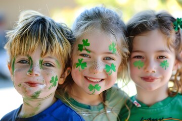 Obraz premium Children with St Patrick's Day face paint adorned with shamrock cheeks. Concept St Patrick's Day, Face Paint, Shamrock Cheeks, Children, Adorned