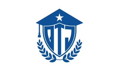QTJ three letter iconic academic logo design vector template. monogram, abstract, school, college, university, graduation cap symbol logo, shield, model, institute, educational, coaching canter, tech