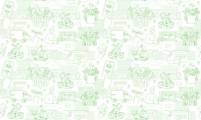 Mobile app to order grocery. Courier delivering. Seamless line pattern
