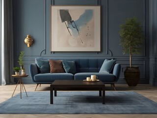 A spacious living room with a blue sofa, an armchair and a poster on the wall. Generative AI
