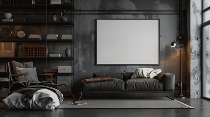 A mockup poster blank frame hanging on an industrial shelving unit, above a sleek loveseat, studio apartment, Scandinavian style interior design