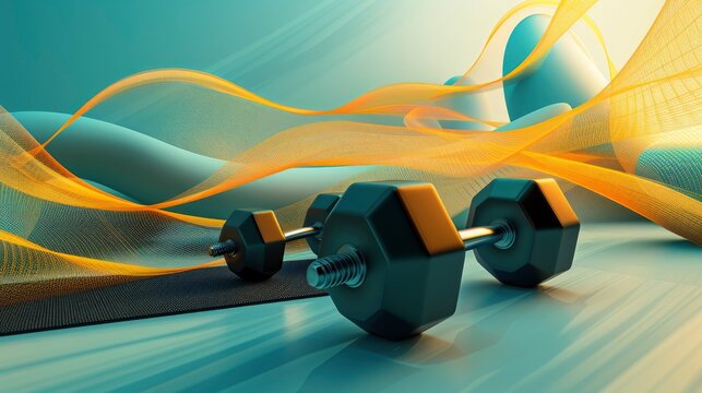 A 3D render of fitness equipment like dumbbells or a yoga mat, placed against an abstract background with dynamic shapes and lines, symbolizing energy and health
