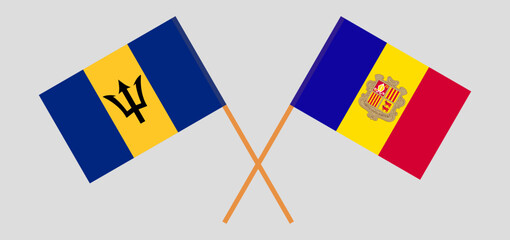 Crossed flags of Barbados and Andorra. Official colors. Correct proportion - obrazy, fototapety, plakaty