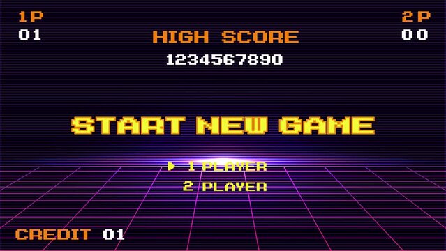 START NEW GAME play .Synthwave wireframe net illustration. pixel art .8 bit game. retro game. for game assets .Retro Futurism Sci-Fi Background. glowing neon grid. and stars.