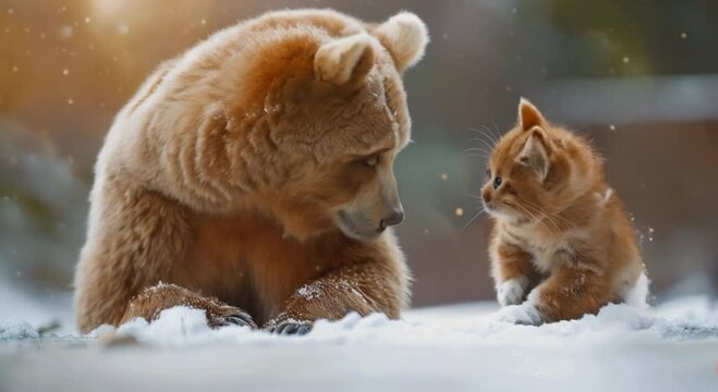 a bear and a cat in the snow footage