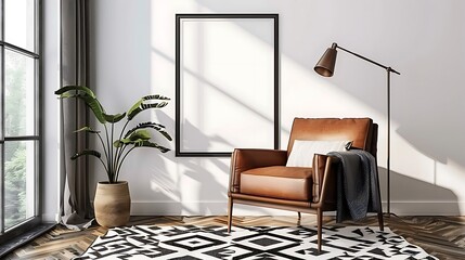 A mockup poster blank frame hanging on a leather armchair, next to a geometric rug, with a minimalist lamp for lighting, in a bright and airy living room