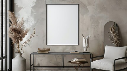 A mockup poster blank frame hanging on a sleek console table, above a contemporary armchair, living room, Scandinavian style interior design
