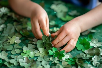 Childrens hands engaged in the creative process of crafting St Patricks Day crafts. Concept St, Patrick's Day, Children's Crafts, Creative Process, Holiday Activities, Hands-On Learning